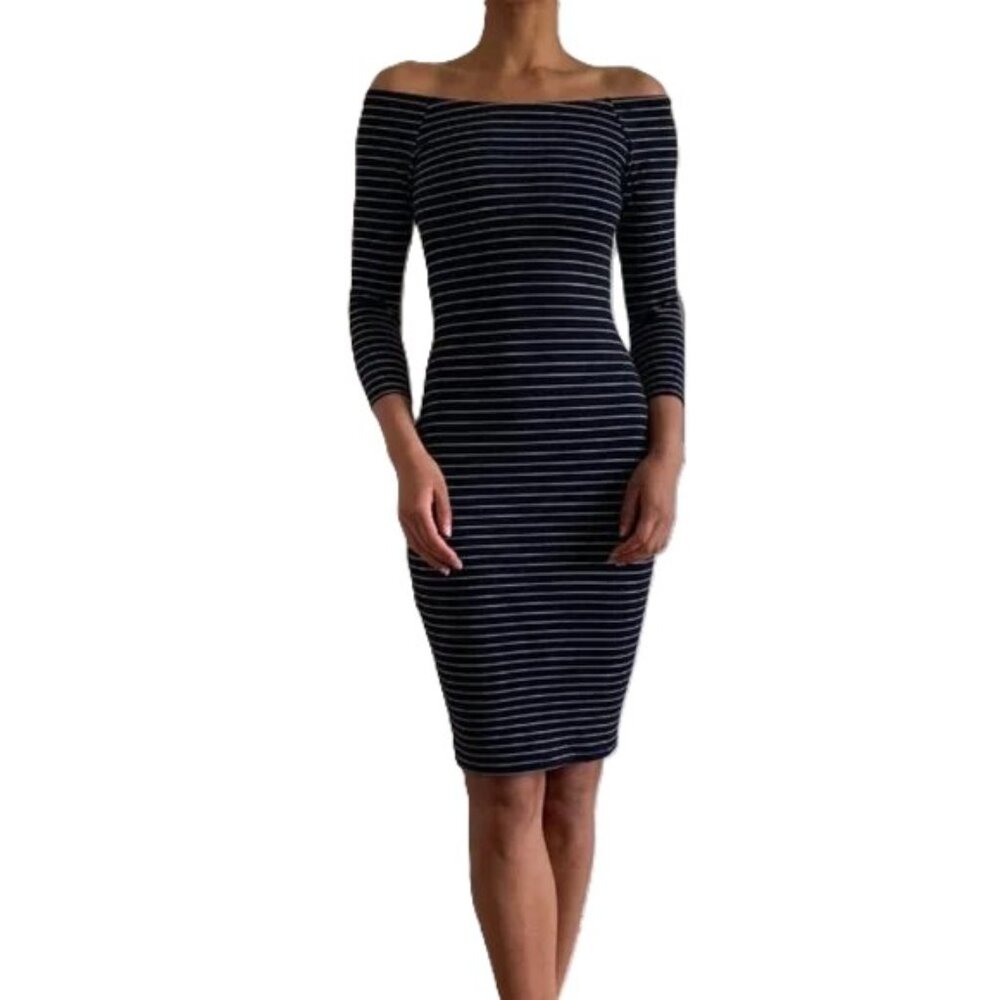 Zara Trafaluc Off The Shoulder Midi Bodycon Dress in Black and White Stripe S